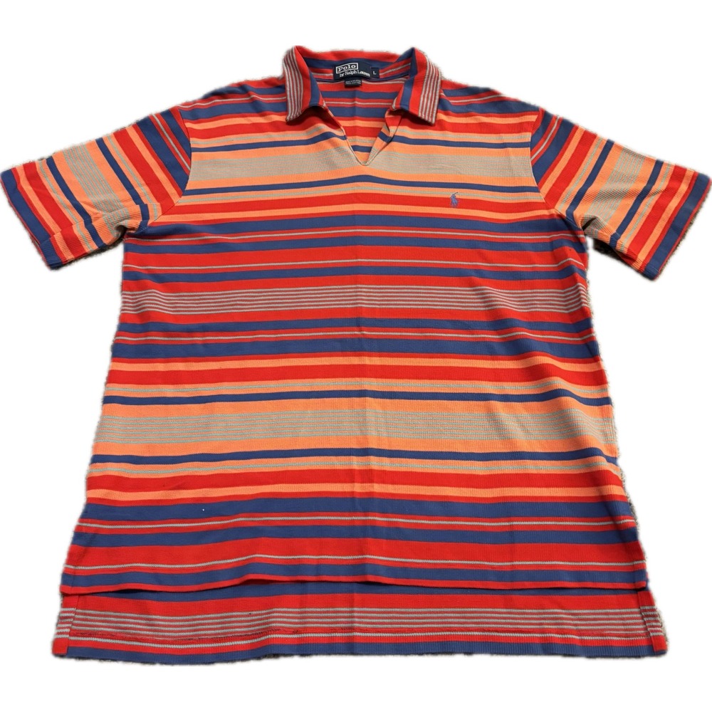 Polo Ralph Lauren Mens Large Johnny Collar V-Neck Striped Polo Shirt Orange Blue